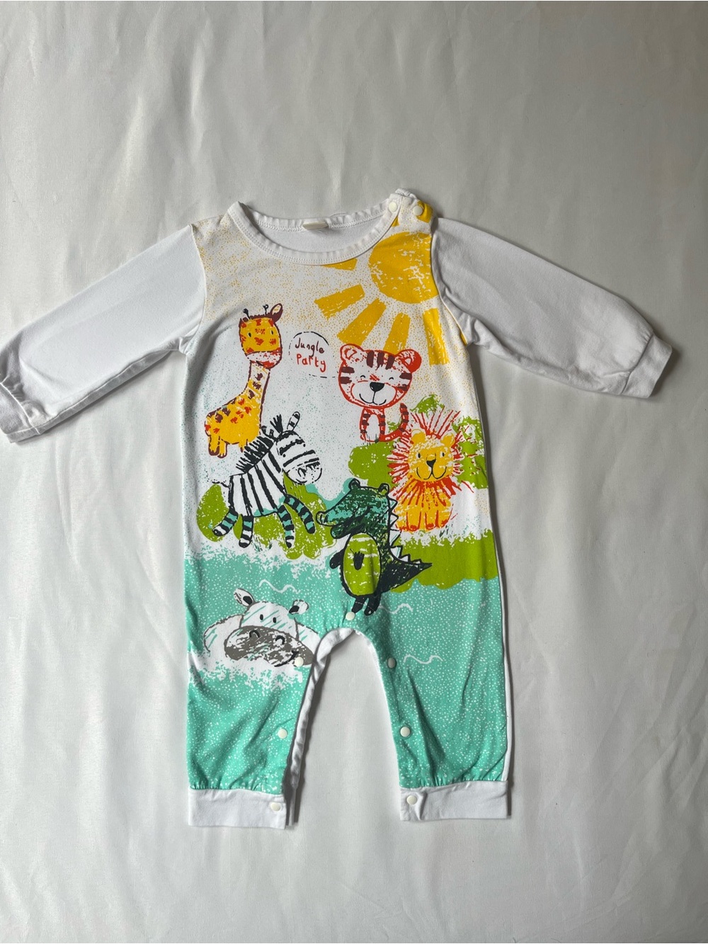 Baby Jungle Party One-Piece Romper in White and Teal
